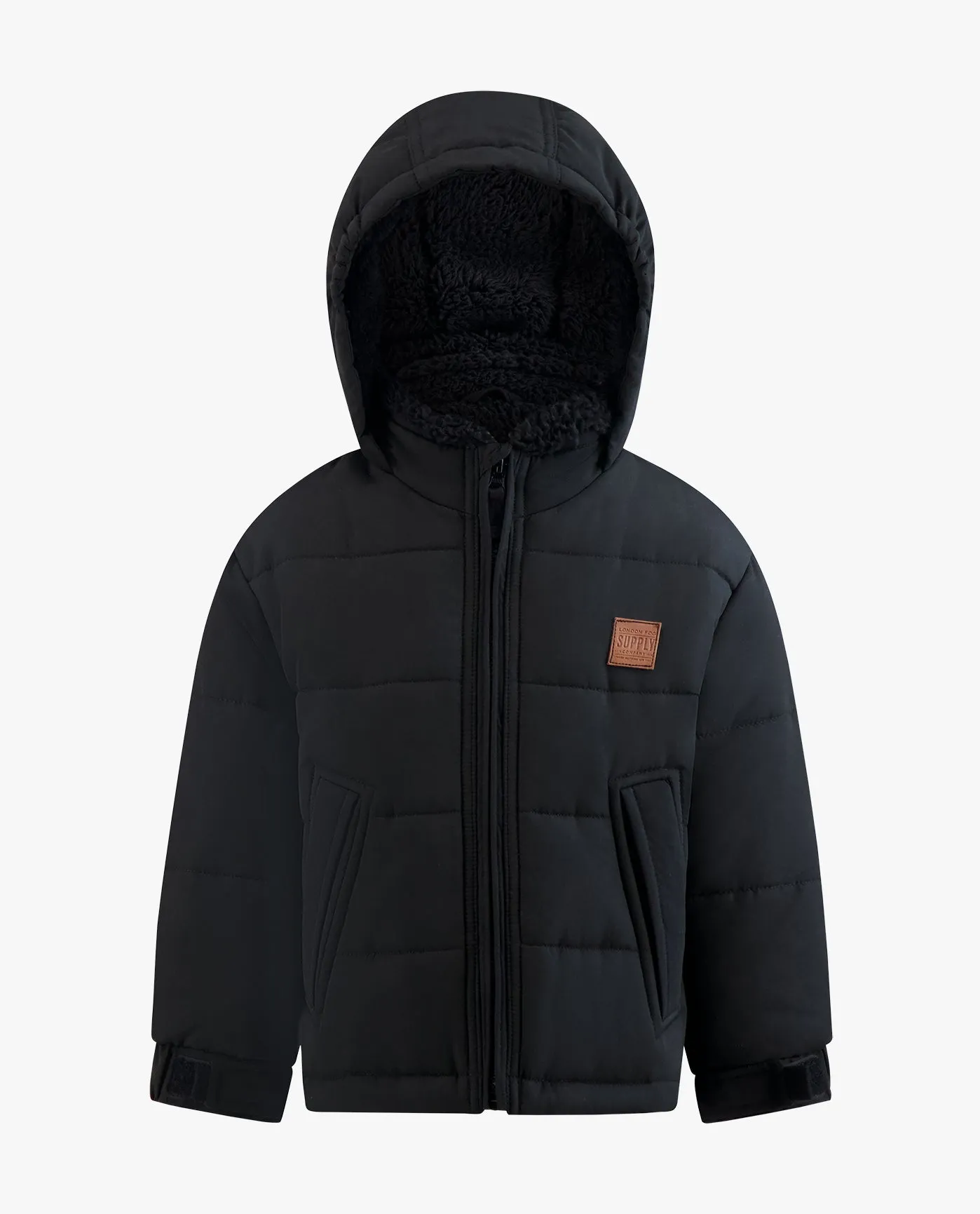 BOYS ZIP-FRONT HOODED SHERPA LINED PUFFER