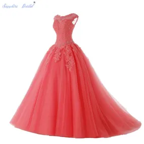 Bridal Long Party Gowns Open Back Coral Quinceanera Dress