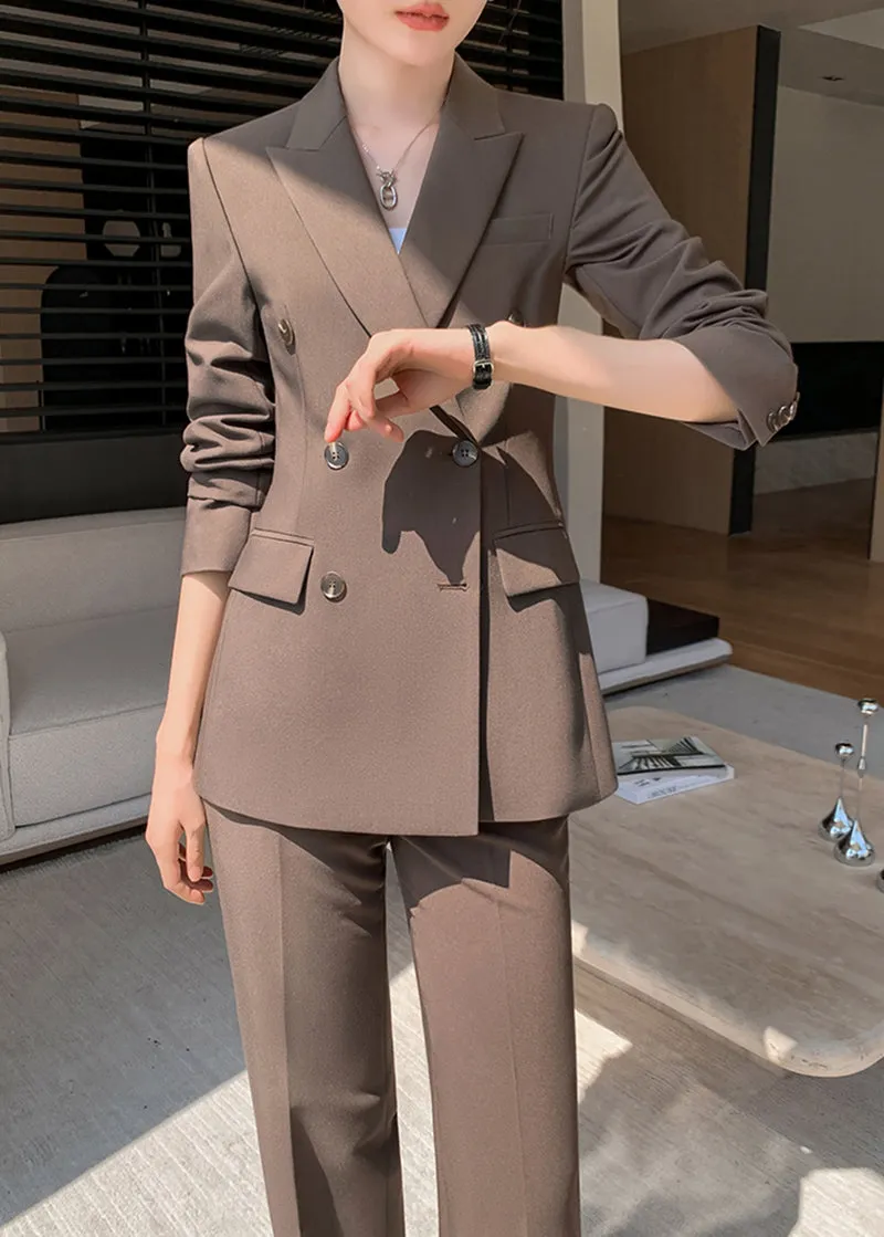 Brown Double Breasted Blazer Wide Pants Suit Two-Piece Set