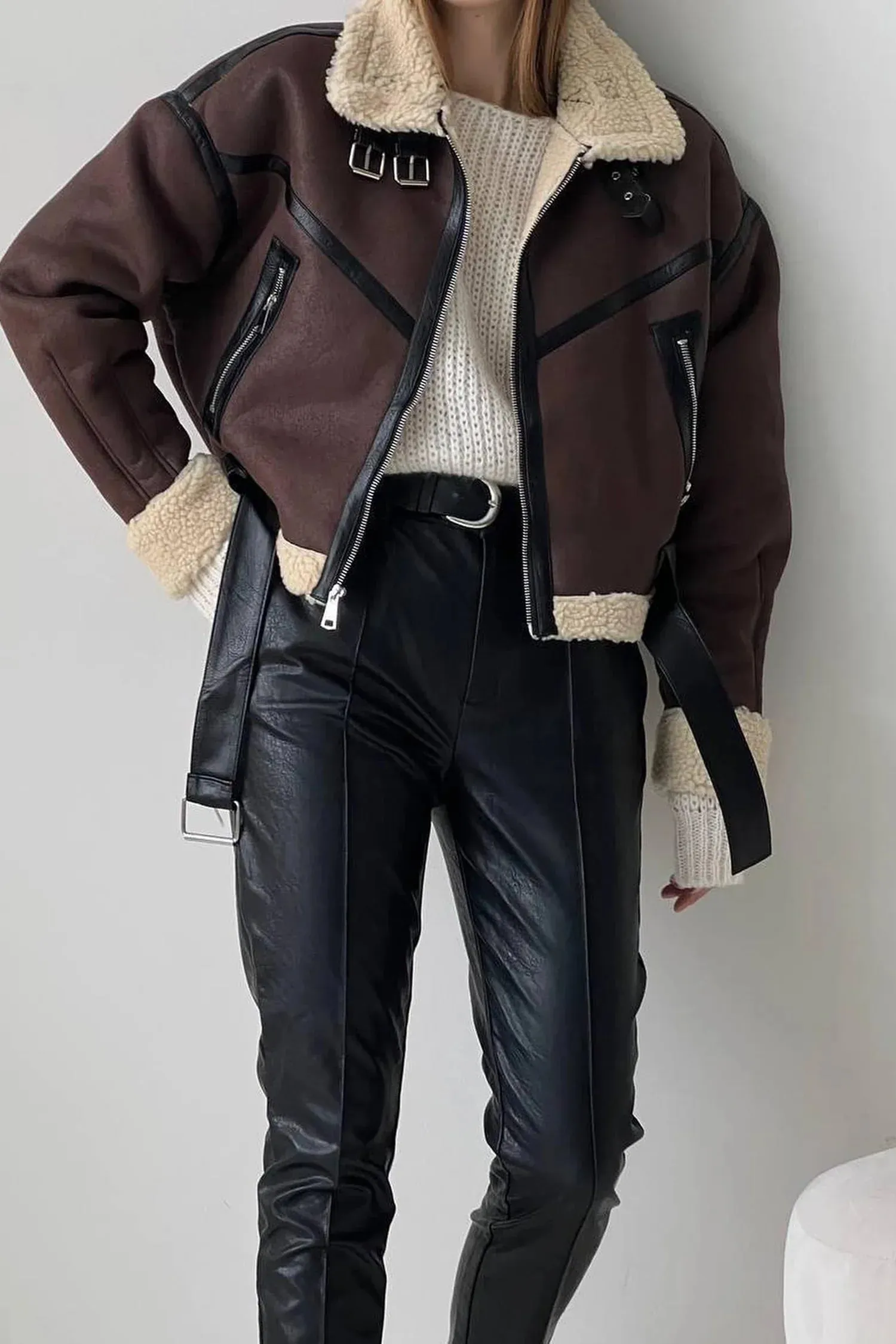 Brown Shearling Lining Aviator Leather Jacket