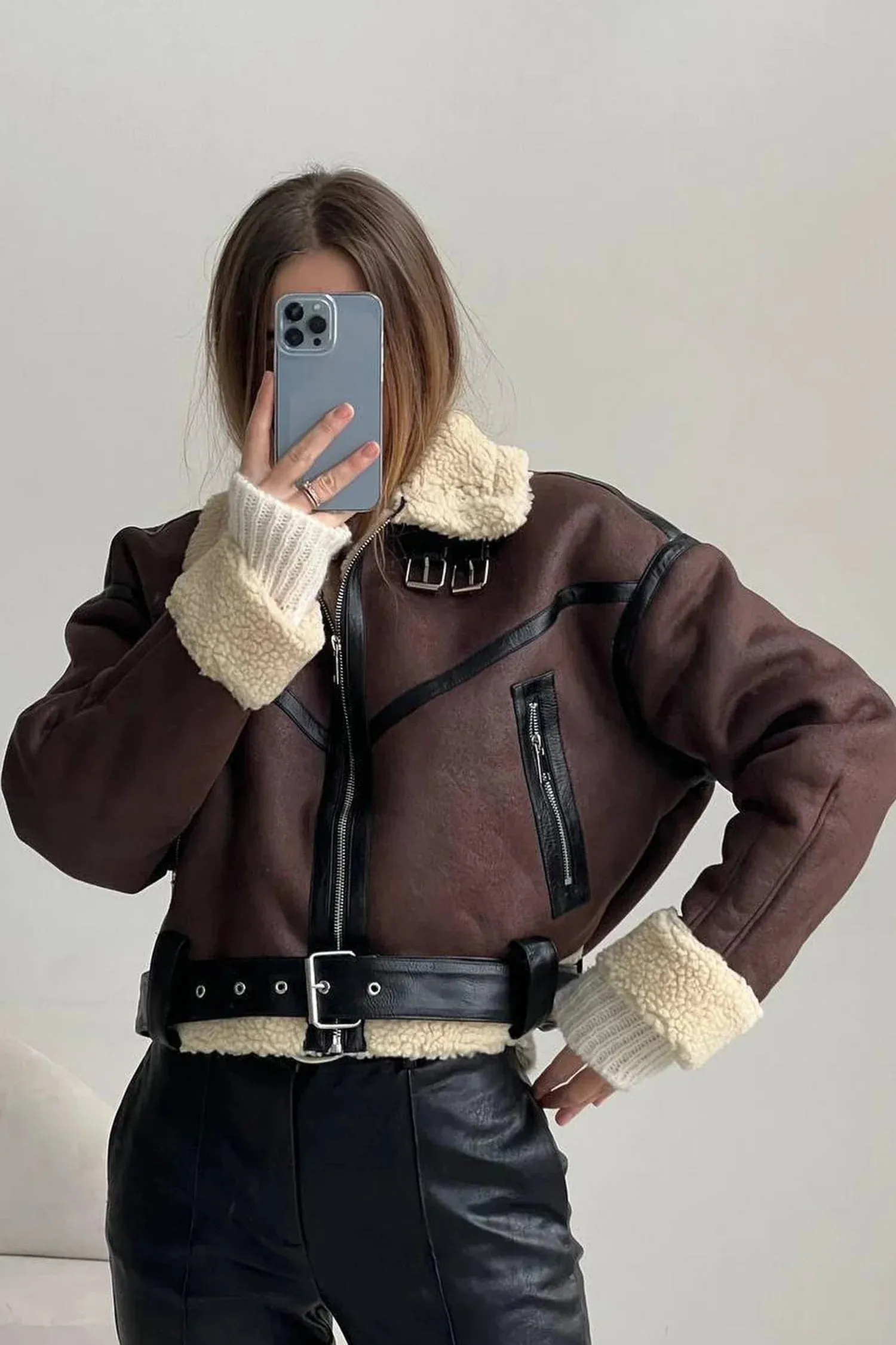 Brown Shearling Lining Aviator Leather Jacket