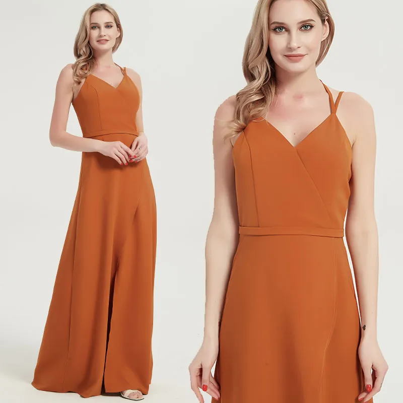 Burnt Orange V-neckline Straps Long Bridesmaid Dresses