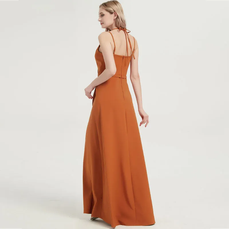 Burnt Orange V-neckline Straps Long Bridesmaid Dresses