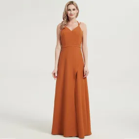 Burnt Orange V-neckline Straps Long Bridesmaid Dresses