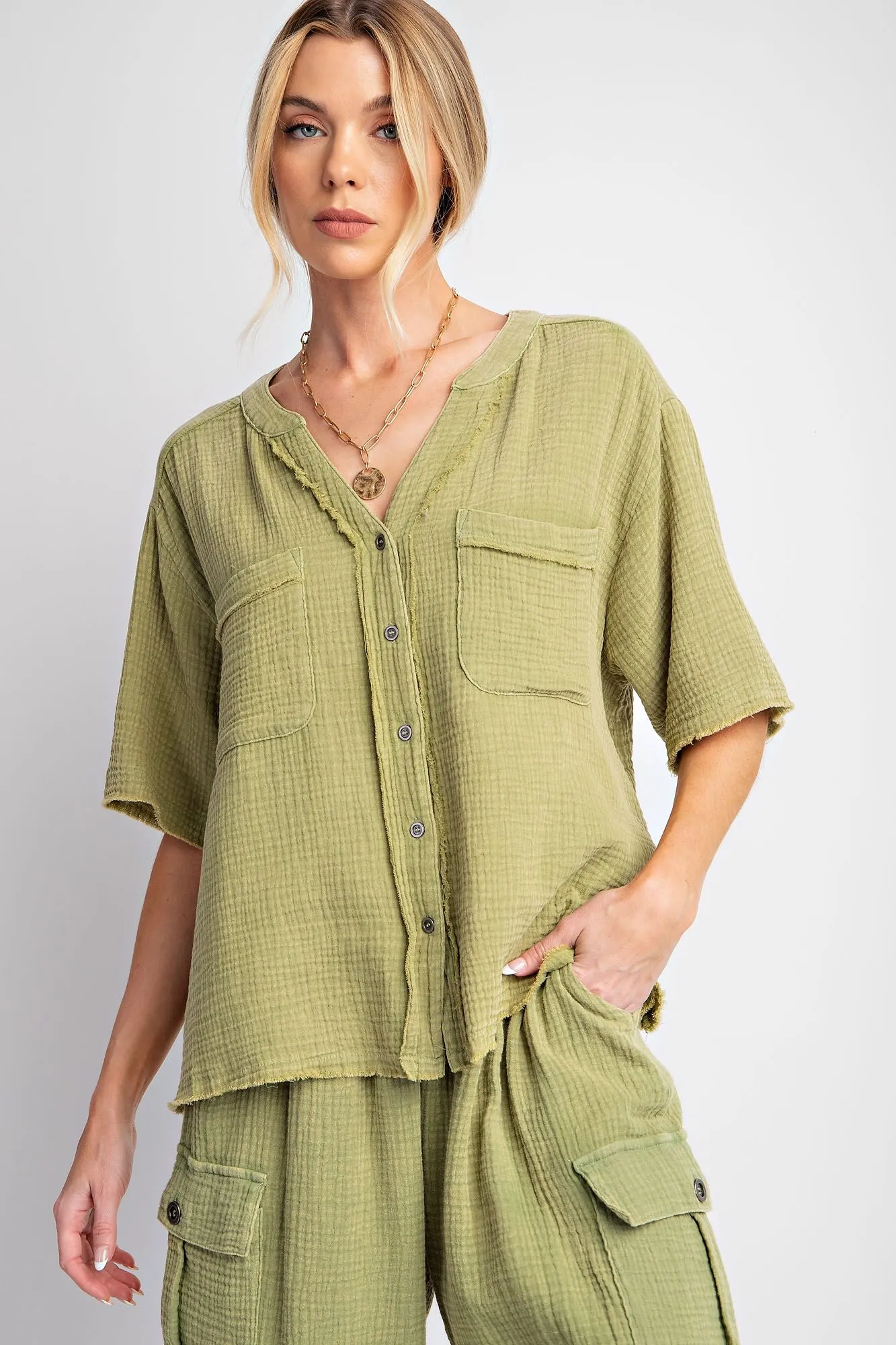 Button Down Cotton Gauze Mineral Washed Top