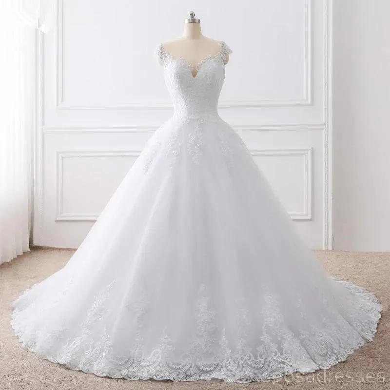 Cap Sleeves White Scoop Lace Wedding Dresses Online, Cheap Bridal Dresses, WD509