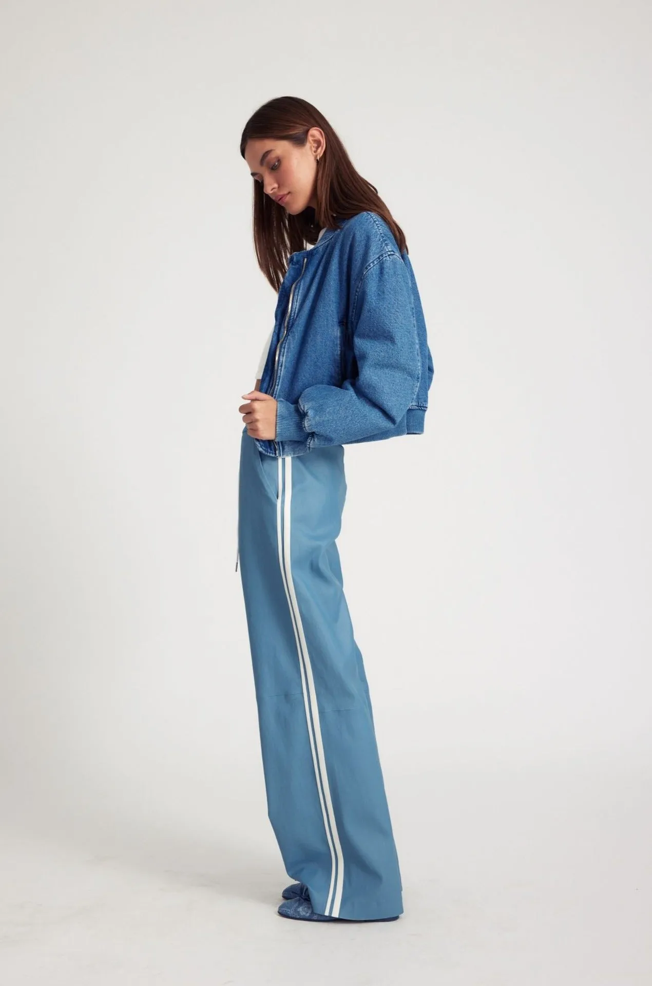 Chambray Blue Leather Athletic Drawstring Pants