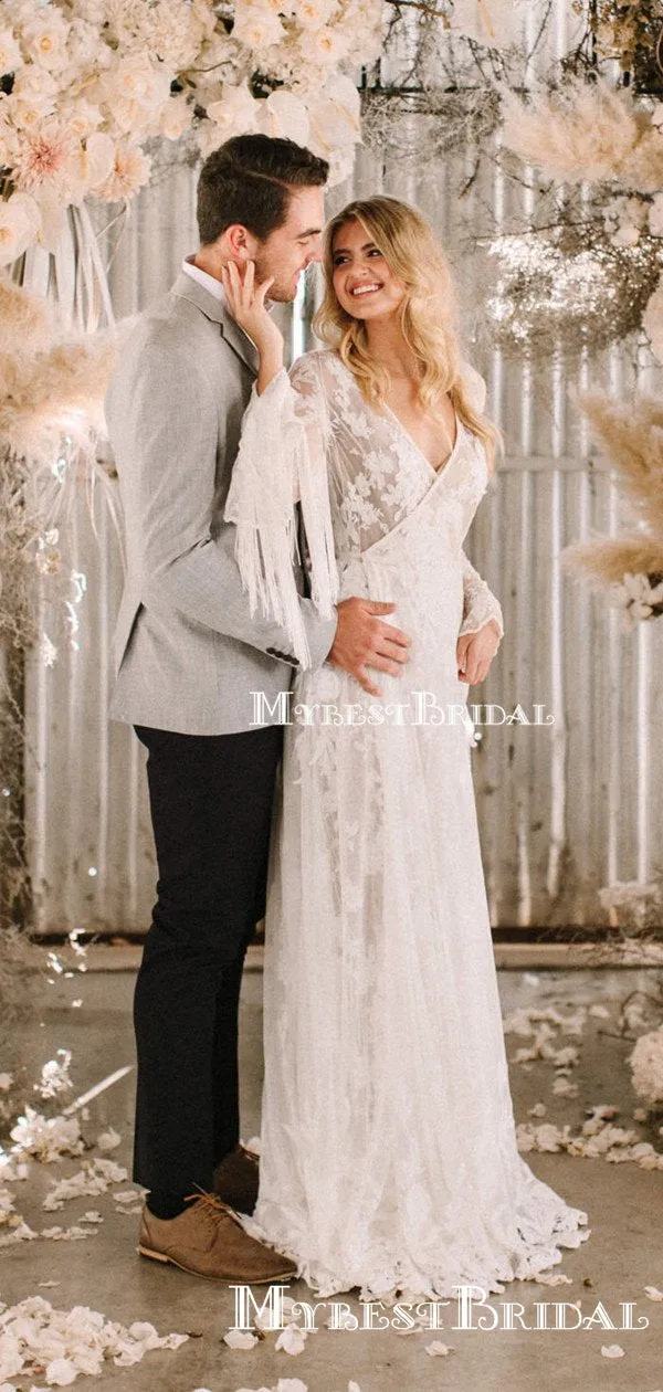 Charming Elegant New Arrival V-neck Long Sleeves Long Cheap A-line Lace Wedding Dresses, TYP0091