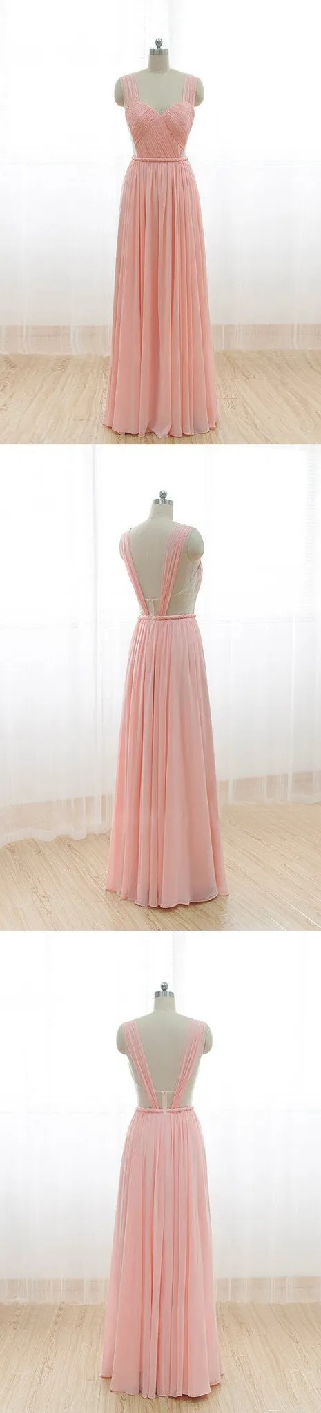 Cheap Junior Long Chiffon Pink Off Shoulder Sweet Heart Open Back Bridesmaid Dresses, WGY0261