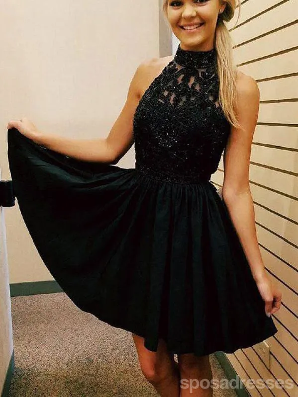 Cheap Short Lace Beaded Halter Black Homecoming Dresses 2018, CM481