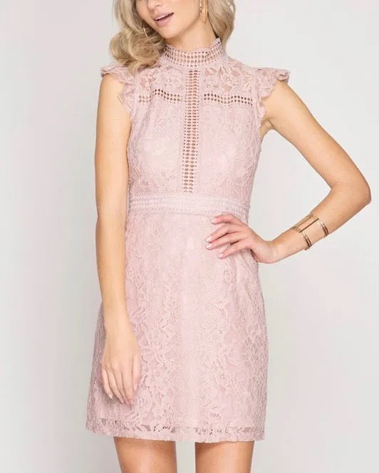 Cherry on Top Lace Mock Neck Dress in Misty Pink