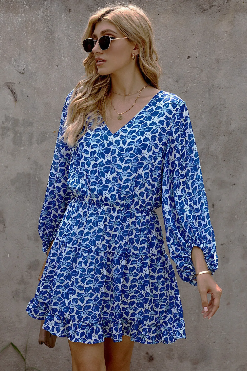 Chic Blue V Neck Lantern Sleeves Floral Tunic Dress