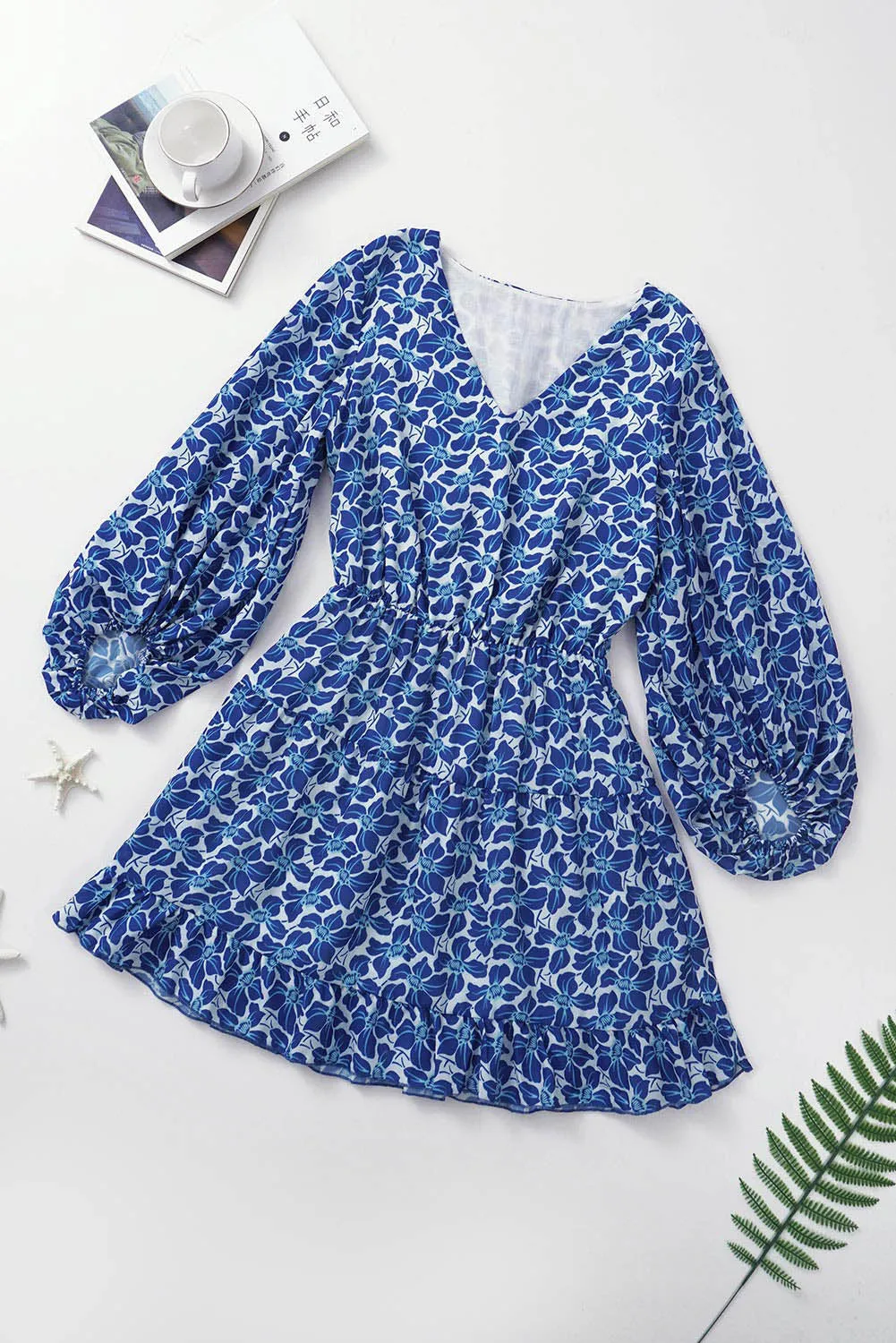 Chic Blue V Neck Lantern Sleeves Floral Tunic Dress