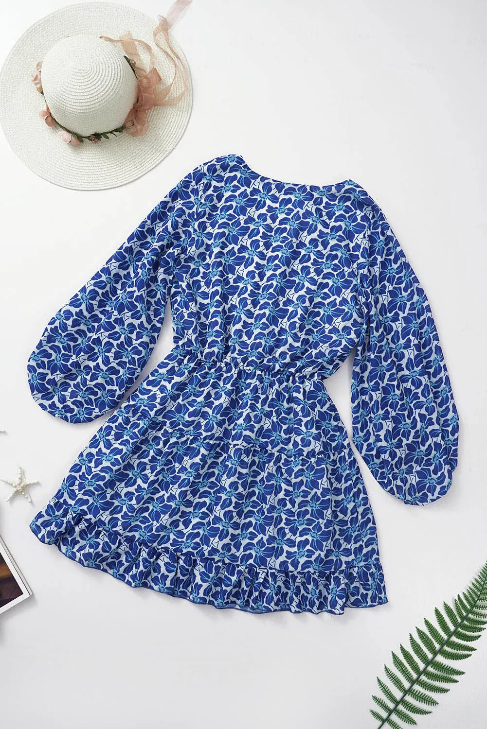 Chic Blue V Neck Lantern Sleeves Floral Tunic Dress