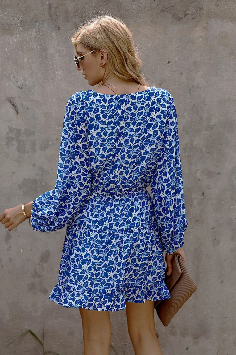 Chic Blue V Neck Lantern Sleeves Floral Tunic Dress