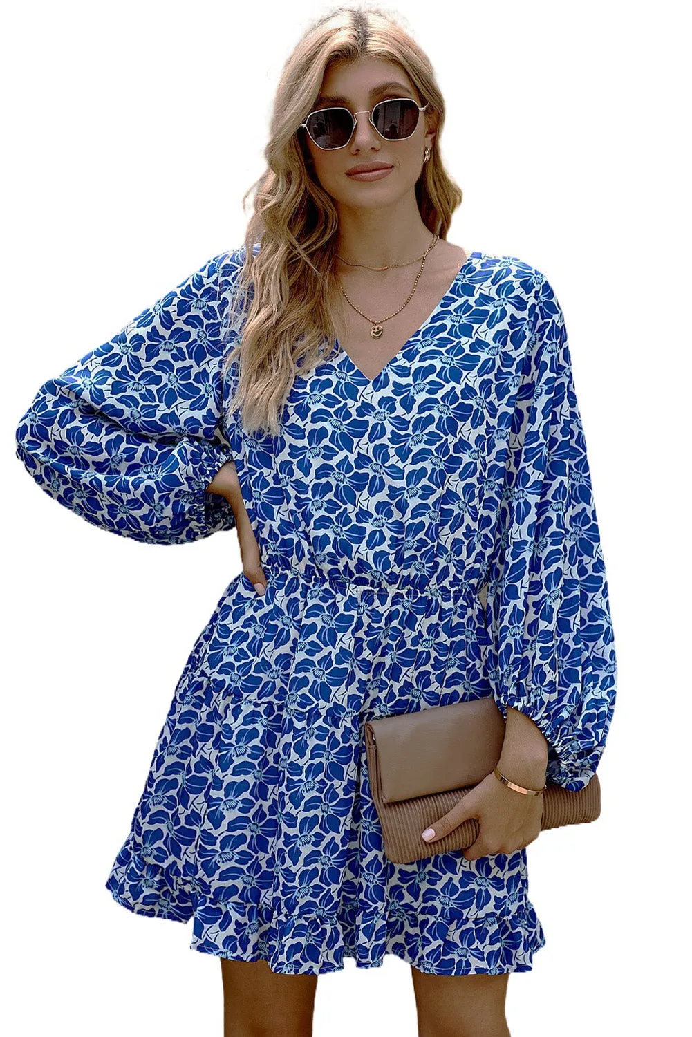 Chic Blue V Neck Lantern Sleeves Floral Tunic Dress