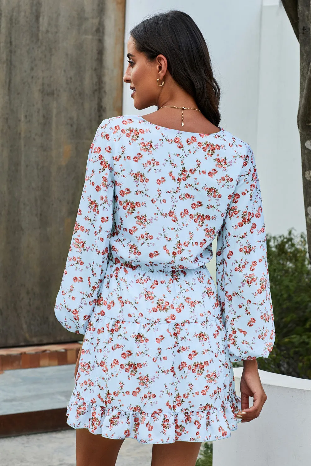 Chic Sky Blue V Neck Lantern Sleeves Floral Tunic Dress