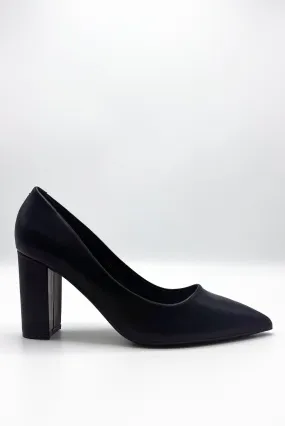 Clara Elegant Pointed Toe Court Shoes with Block Heel in Matte Black