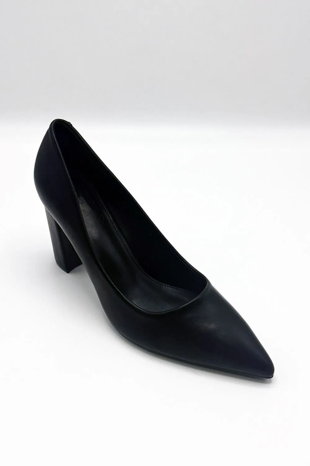 Clara Elegant Pointed Toe Court Shoes with Block Heel in Matte Black