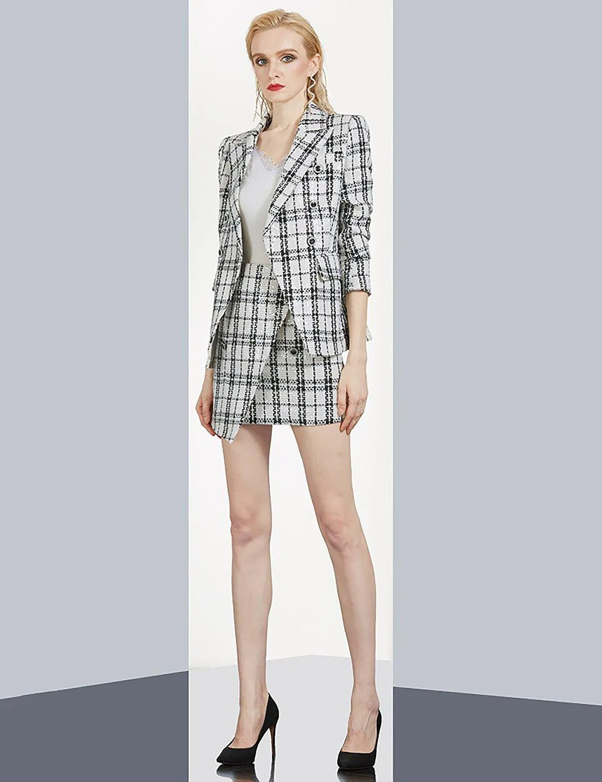 Classic Plaid Notch Blazer & Asymmetric Mini Skirt Suit Set