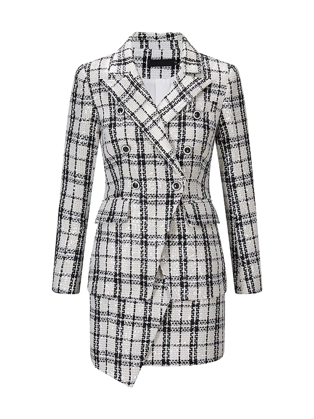 Classic Plaid Notch Blazer & Asymmetric Mini Skirt Suit Set