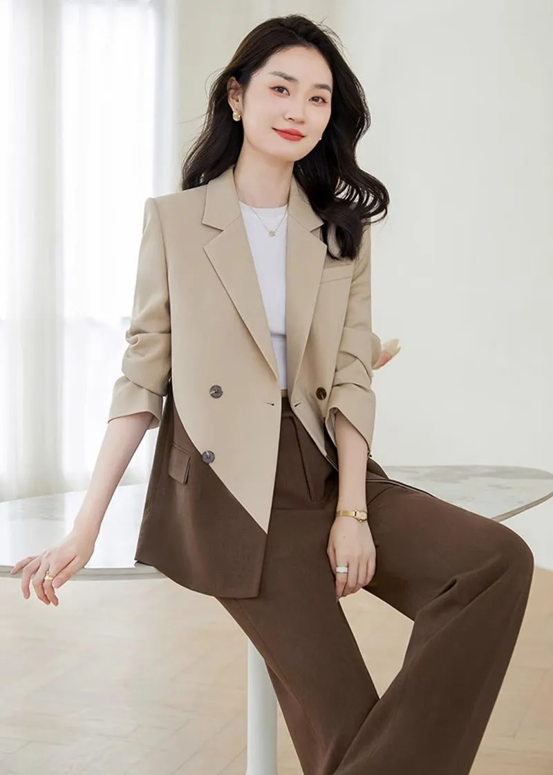 Color Match Double Breasted Blazer Wide Pants Suit Two-Piece Set