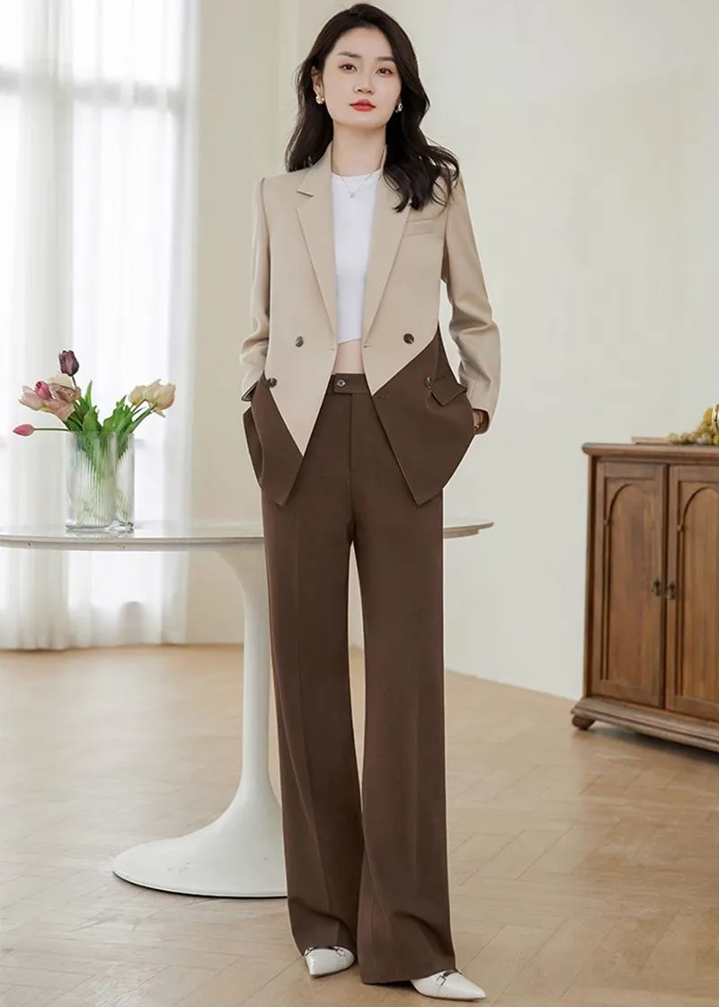 Color Match Double Breasted Blazer Wide Pants Suit Two-Piece Set