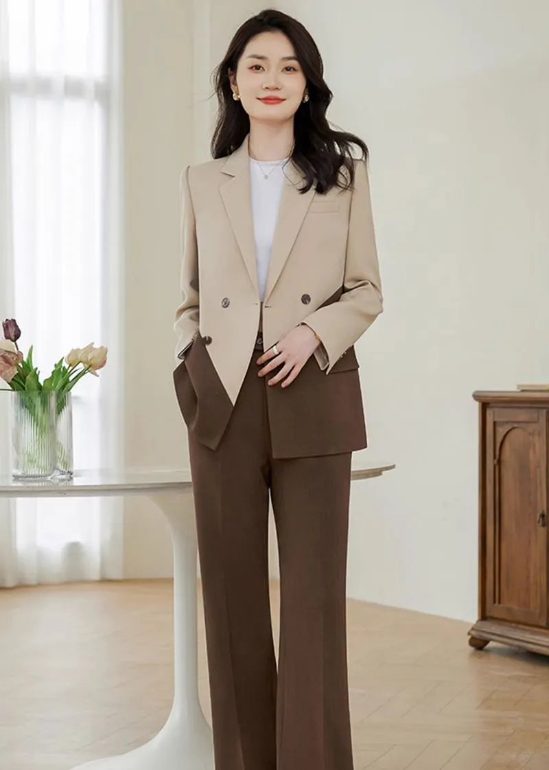 Color Match Double Breasted Blazer Wide Pants Suit Two-Piece Set