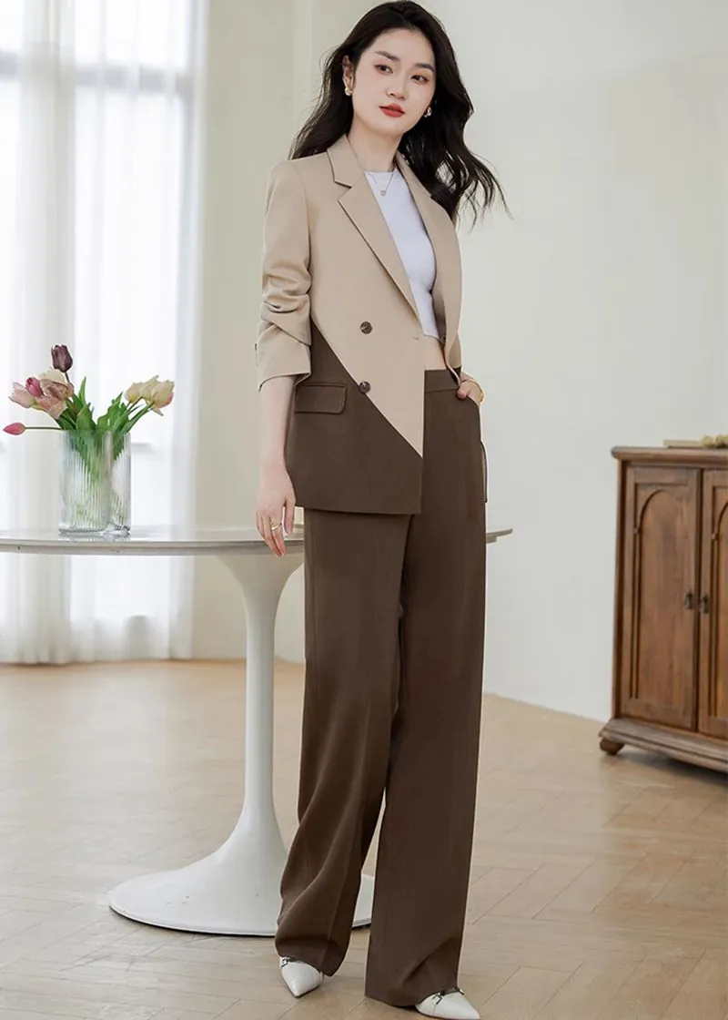 Color Match Double Breasted Blazer Wide Pants Suit Two-Piece Set