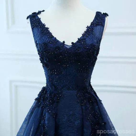 Corset Navy V Neck A-line Lace Custom Long Evening Prom Dresses, 17716