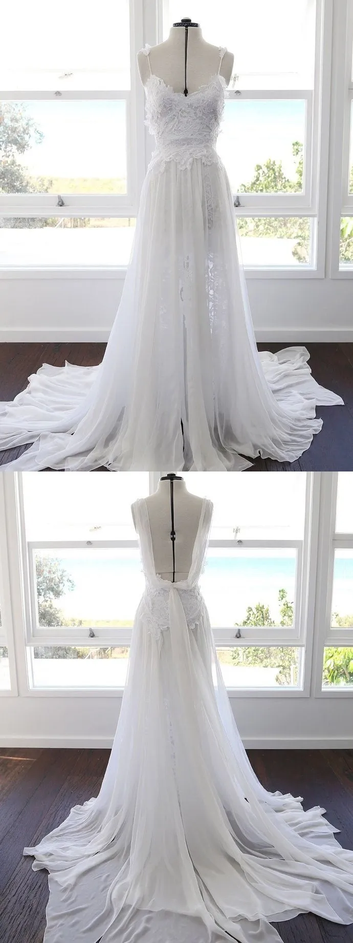 Custom Made Chiffon Lace Flower Spaghetti Open Back Beach Wedding Dresses, Bridal Dress WDY0167