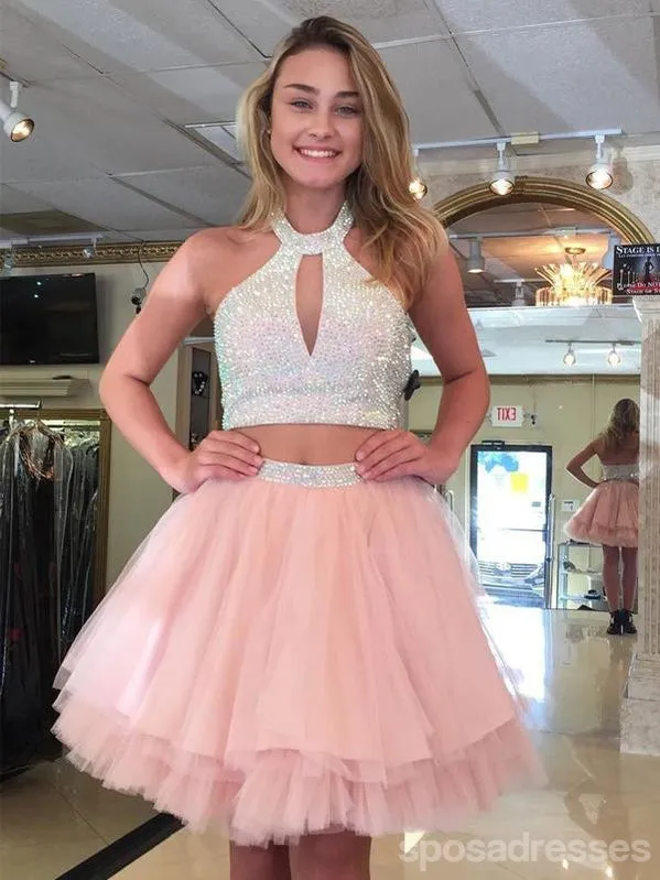 Cute Halter Two Piece Beaded Short Pink Homecoming Dresses 2018, CM488