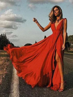 Deep V-neck Red Chiffon Evening Dresses ,Cheap Prom Dresses,PDY0583