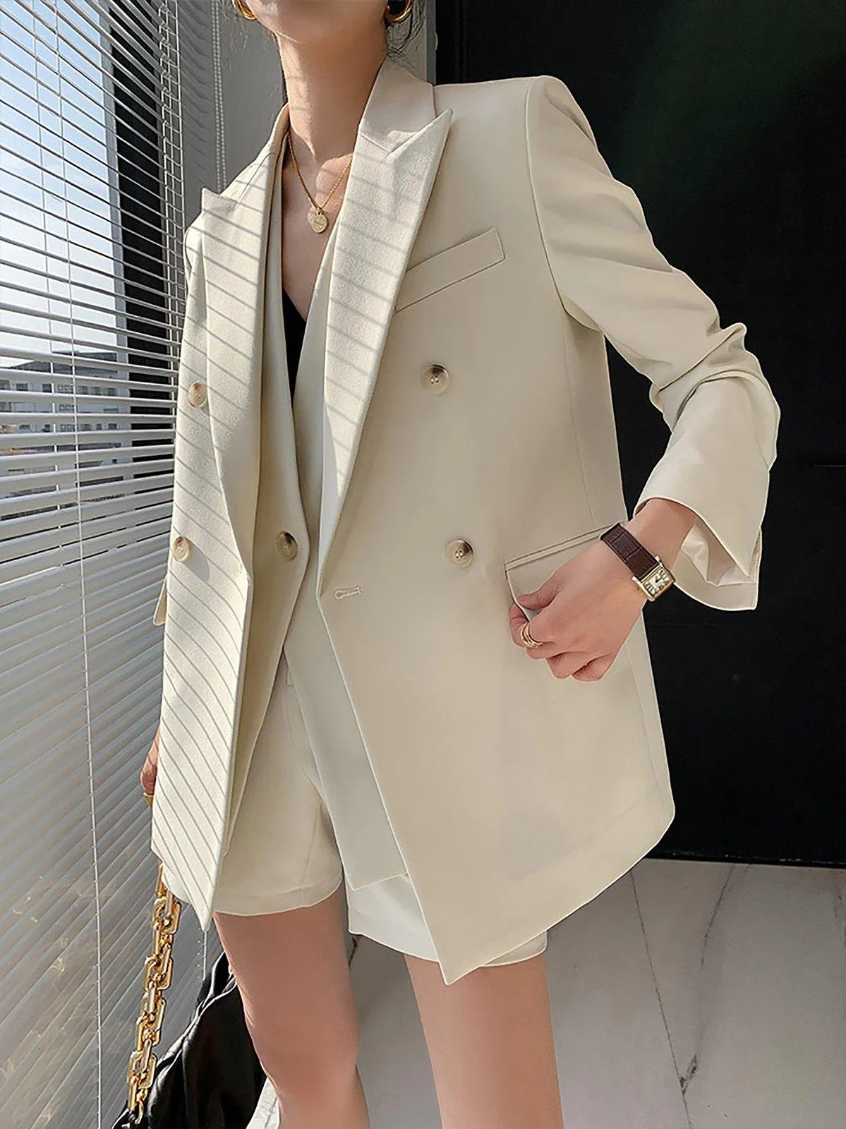 Double Breasted Blazer & Vest & Shorts Three-Piece Set