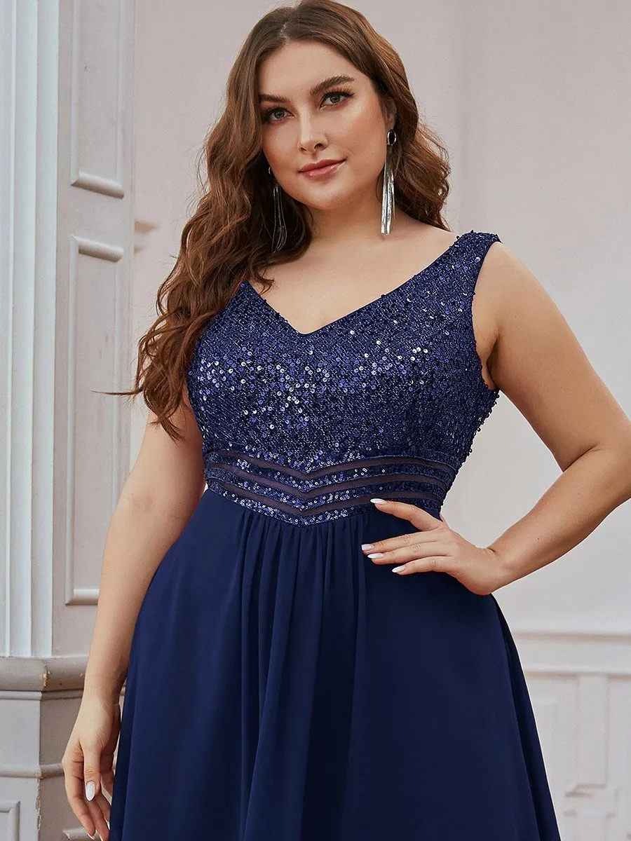 Elegant Paillette & Chiffon V-neck Sleeveless Plus Size Wholesale Evening Dresses