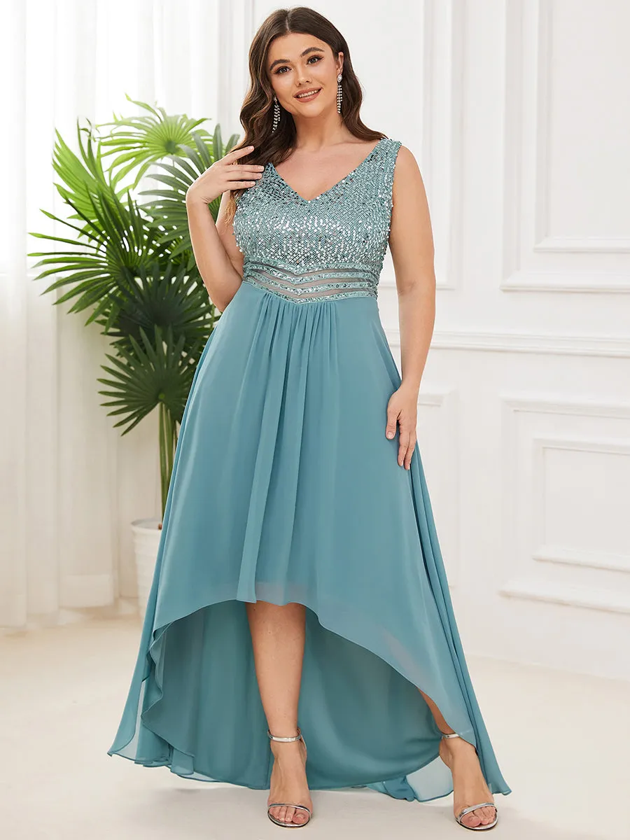 Elegant Paillette & Chiffon V-neck Sleeveless Plus Size Wholesale Evening Dresses