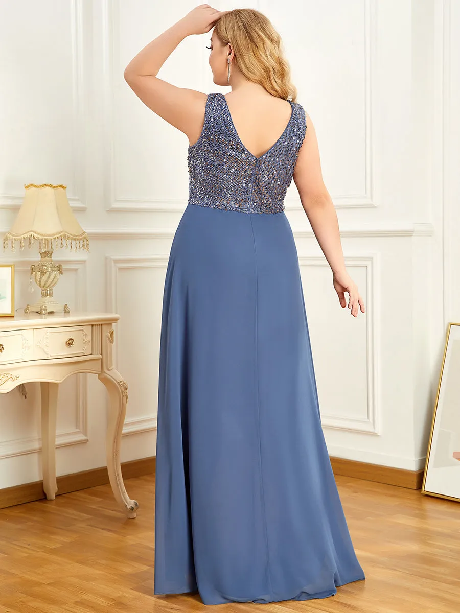 Elegant Paillette & Chiffon V-neck Sleeveless Plus Size Wholesale Evening Dresses