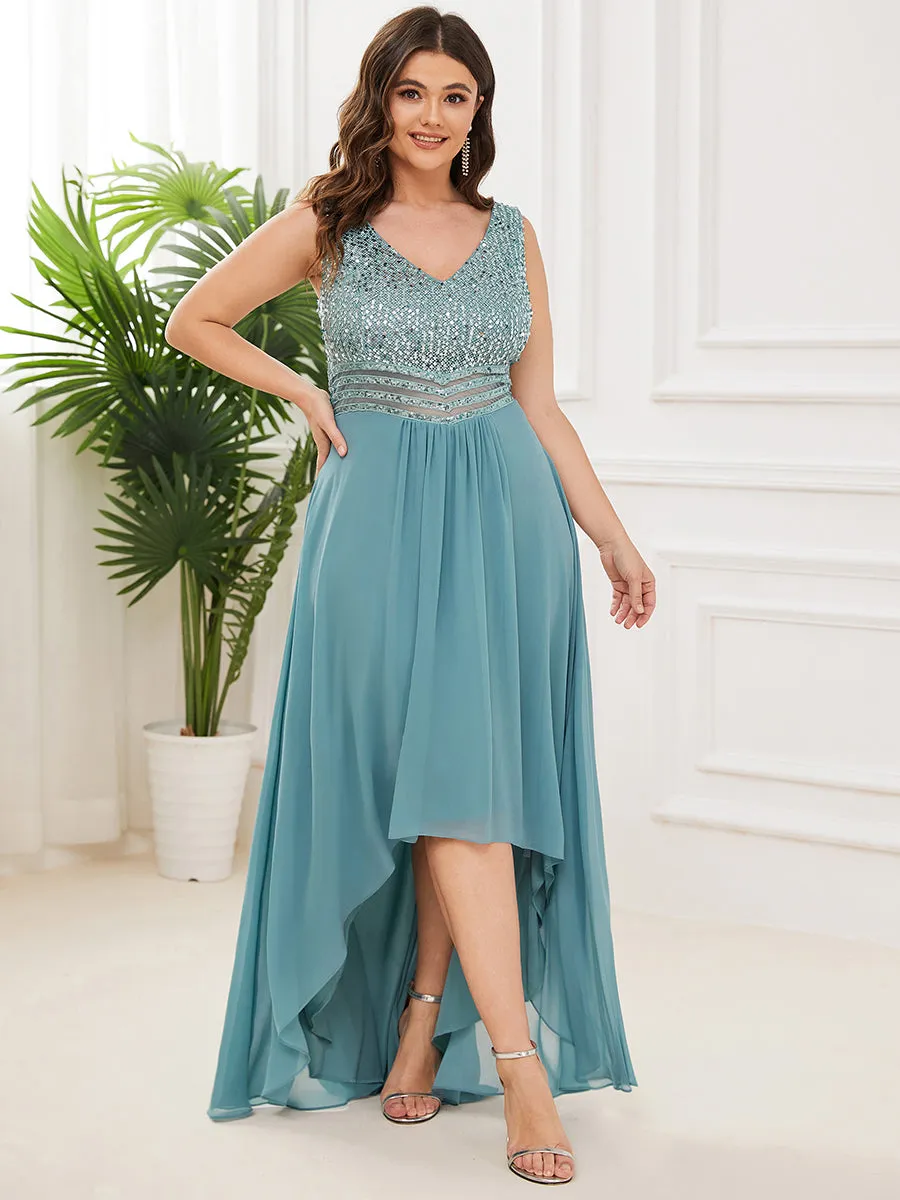 Elegant Paillette & Chiffon V-neck Sleeveless Plus Size Wholesale Evening Dresses