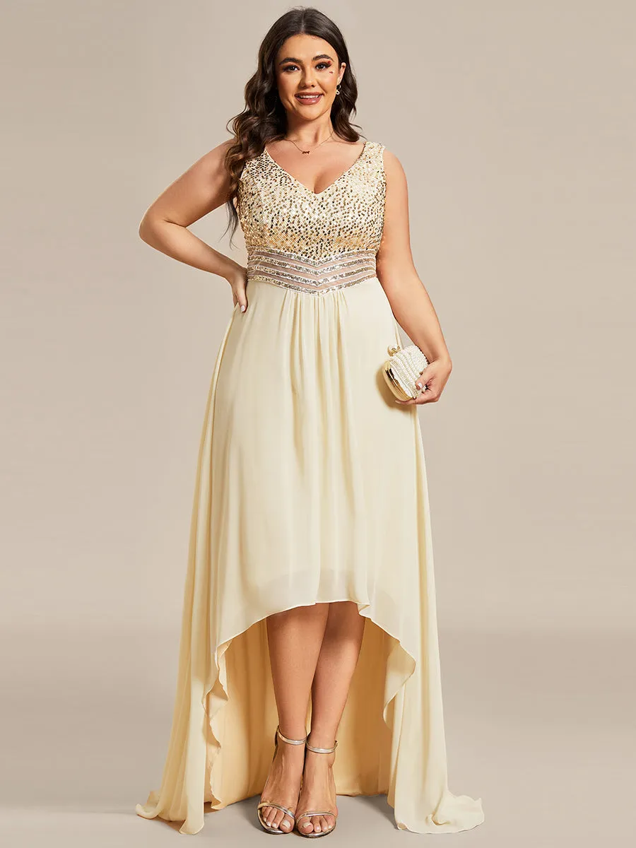 Elegant Paillette & Chiffon V-neck Sleeveless Plus Size Wholesale Evening Dresses