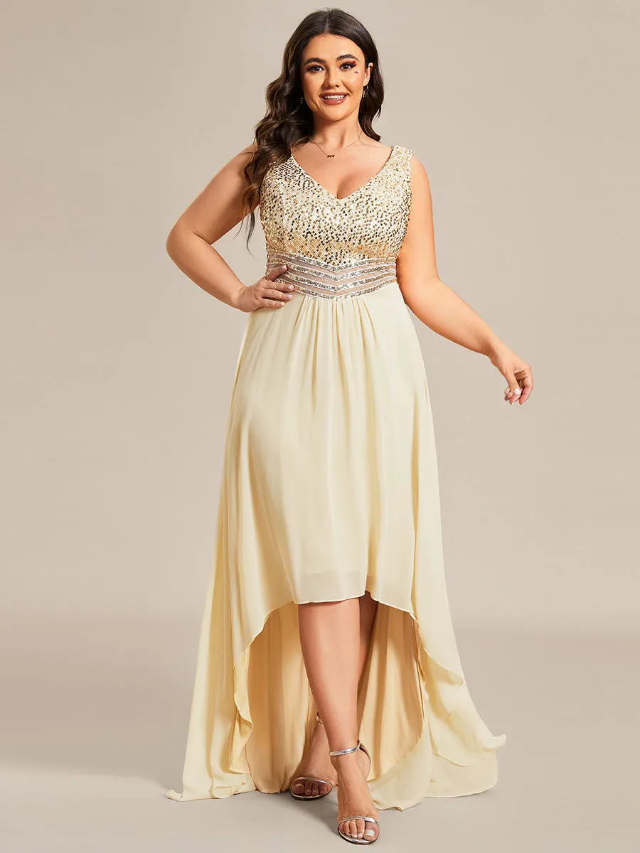 Elegant Paillette & Chiffon V-neck Sleeveless Plus Size Wholesale Evening Dresses