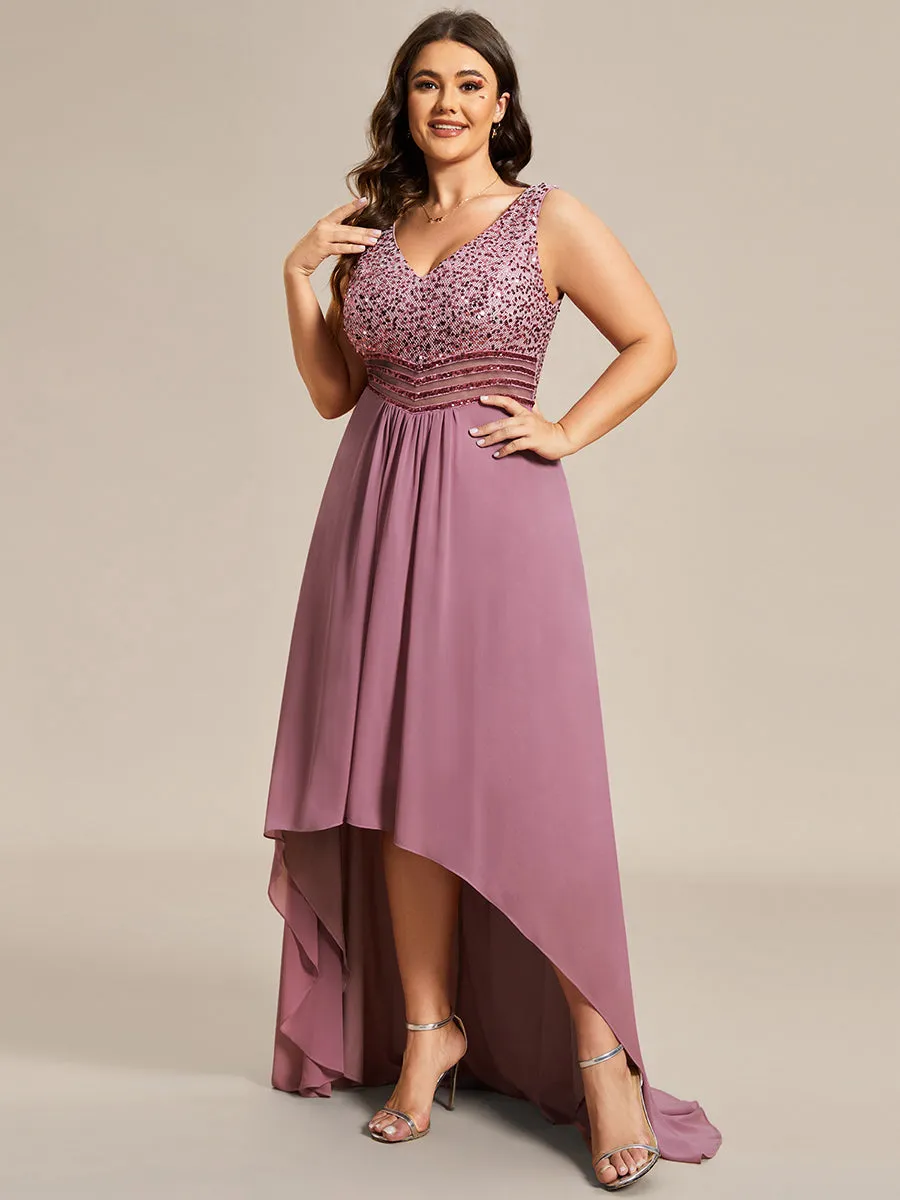 Elegant Paillette & Chiffon V-neck Sleeveless Plus Size Wholesale Evening Dresses