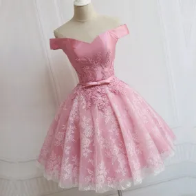 Elegant Pink Lace Appliques Satin Off The Shoulder Homecoming Dress Short Prom Dress