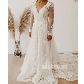 Elegant V-neck Long Sleeves  Applique Lace Long Wedding Dresses WDH005