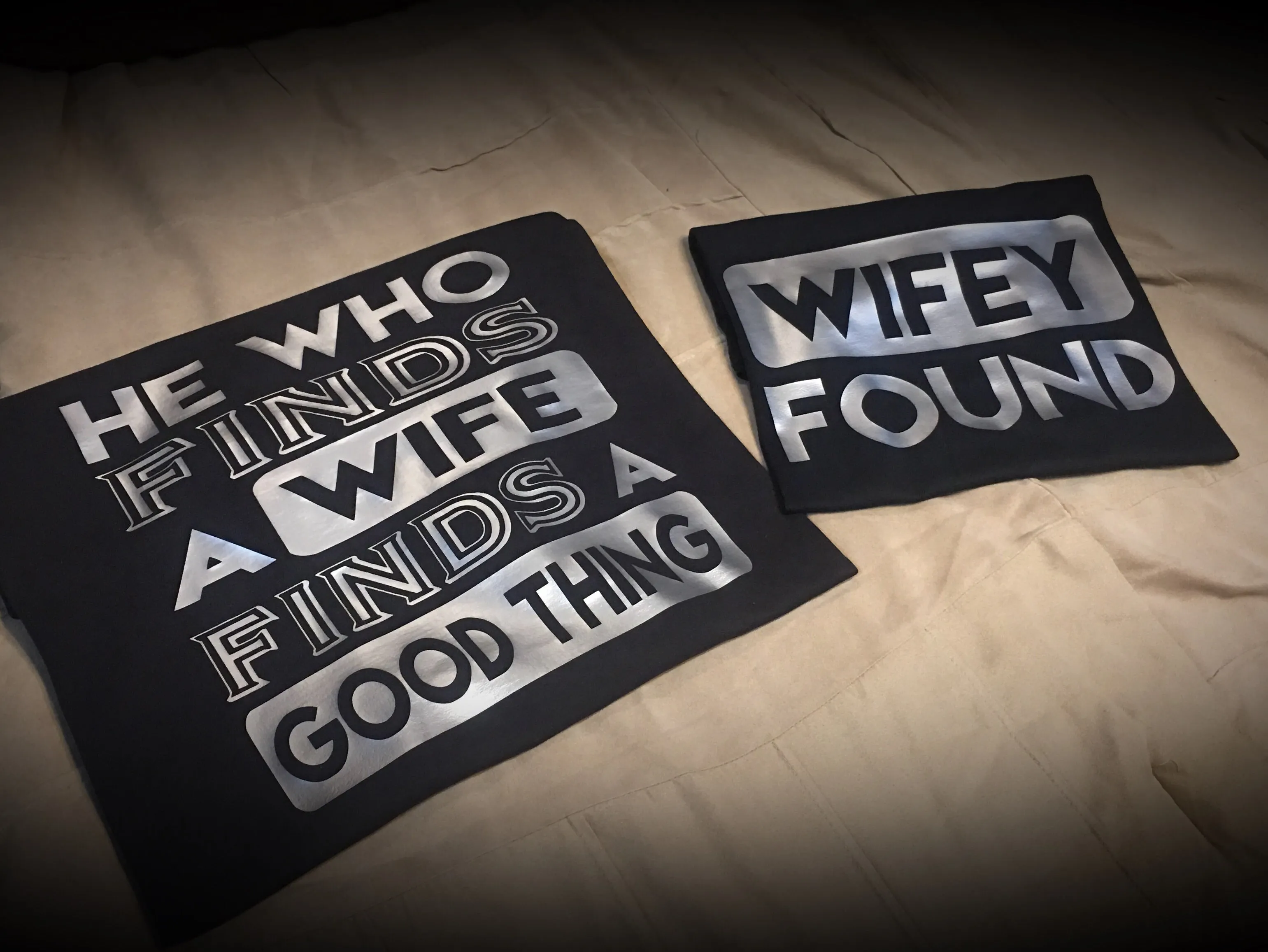 Family - He Who Finds A Wife/Wifey Found T-Shirt - Black/Silver Graphics Edition