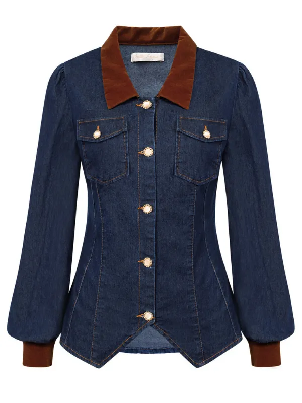 Fans Look of Lightweight Denim Shirt Vintage Long Sleeve Button Down Collared Distressed Jean Jacket Blouse Tops