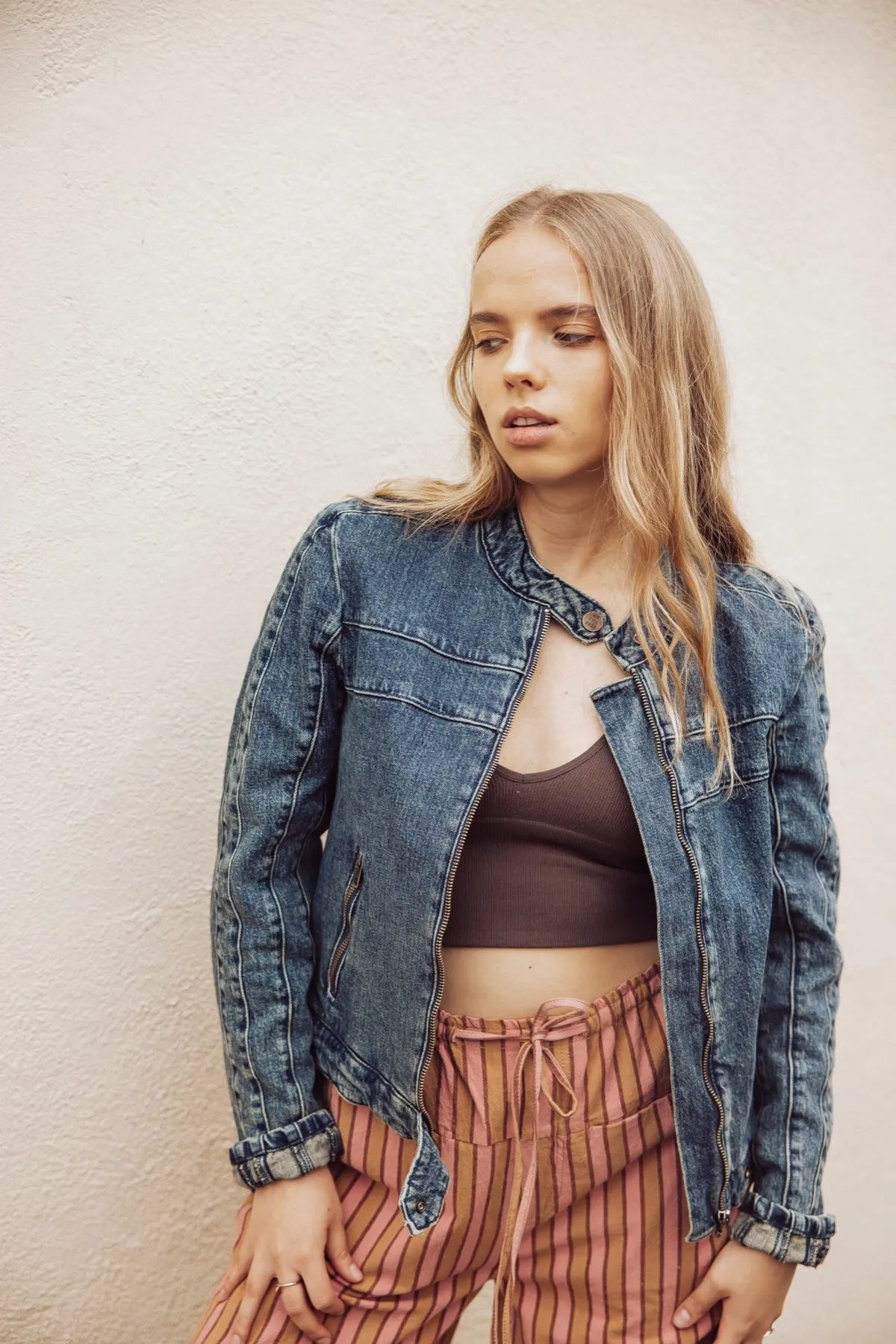 Free People Fast Lane Denim Moto Jacket