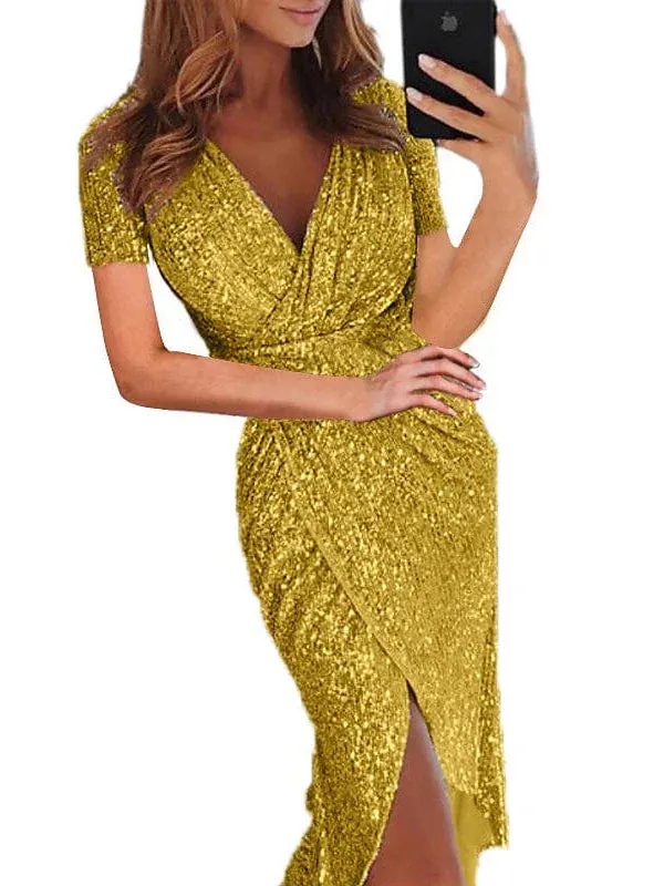 Golden Sparkle Short Sleeve Dress with Ruched Details