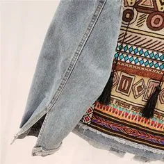 Gypsy Jean Jacket Embroidery Aztec Print Beaded Fringe Lace Tassels 4 Pockets Faded Denim Available In Sizes Small Medium Or Large