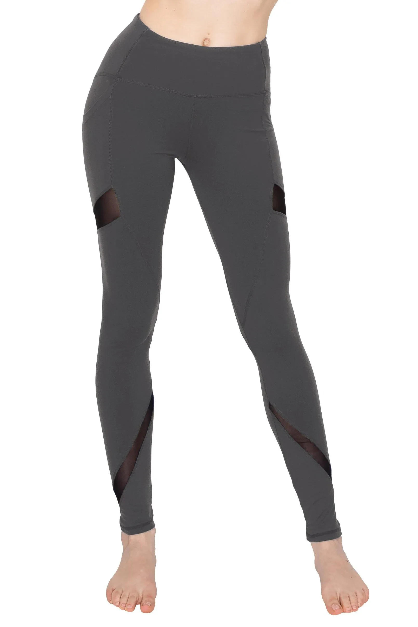 High Waist Leggings - Slant Pockets and Mesh Accents