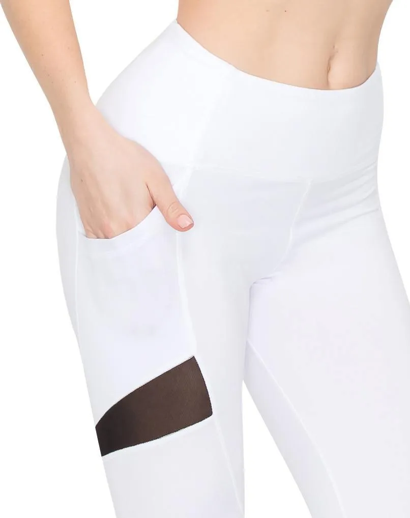 High Waist Leggings - Slant Pockets and Mesh Accents